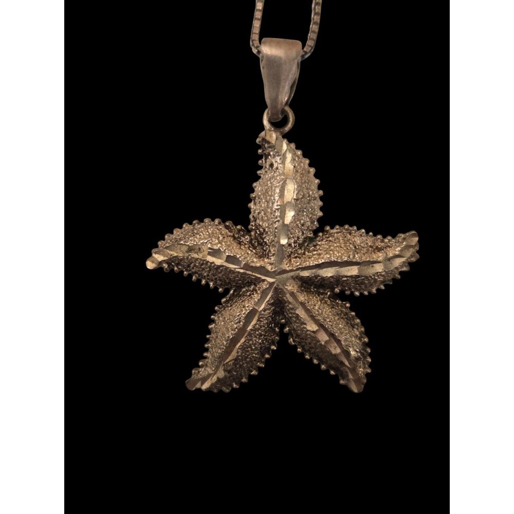 Starfish Pendant Necklace Chain  Silver Textured Coastal Beach‎
